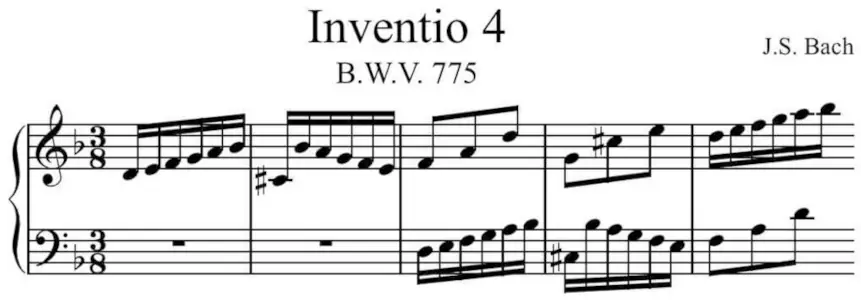 Detalhe dos compassos iniciais da partitura Urtext da Invenção 4 de Bach
